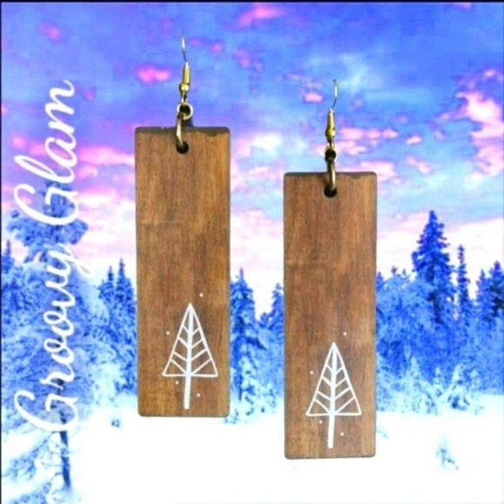 GROOVY GLAM Handmade Rustic Artisan Country Pine Tree Wood Earrings